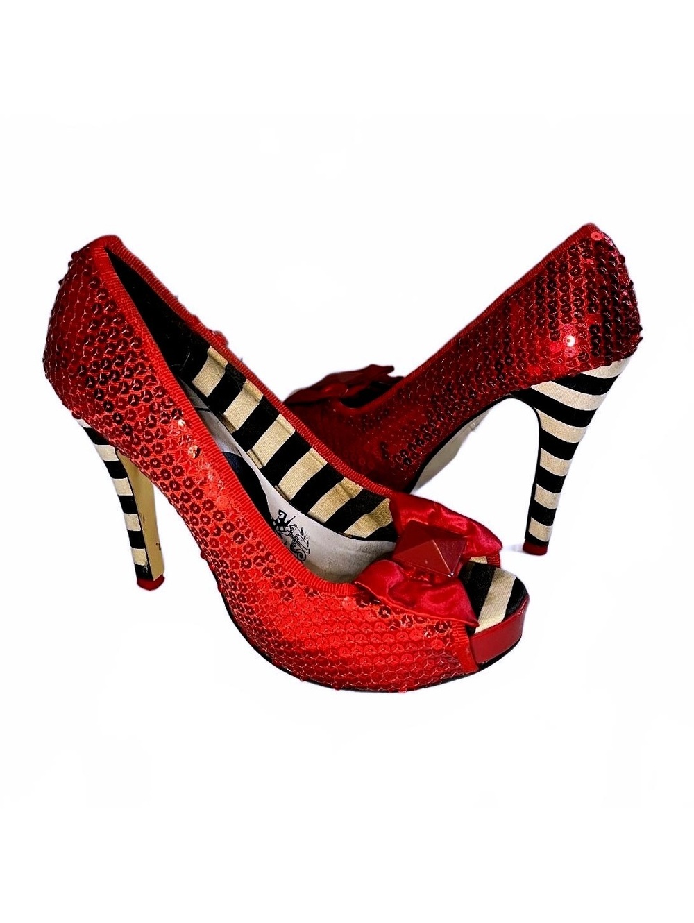 Iron Fist Red Sequin Peep-Toe Heels Black & White Striped Heel Size 6